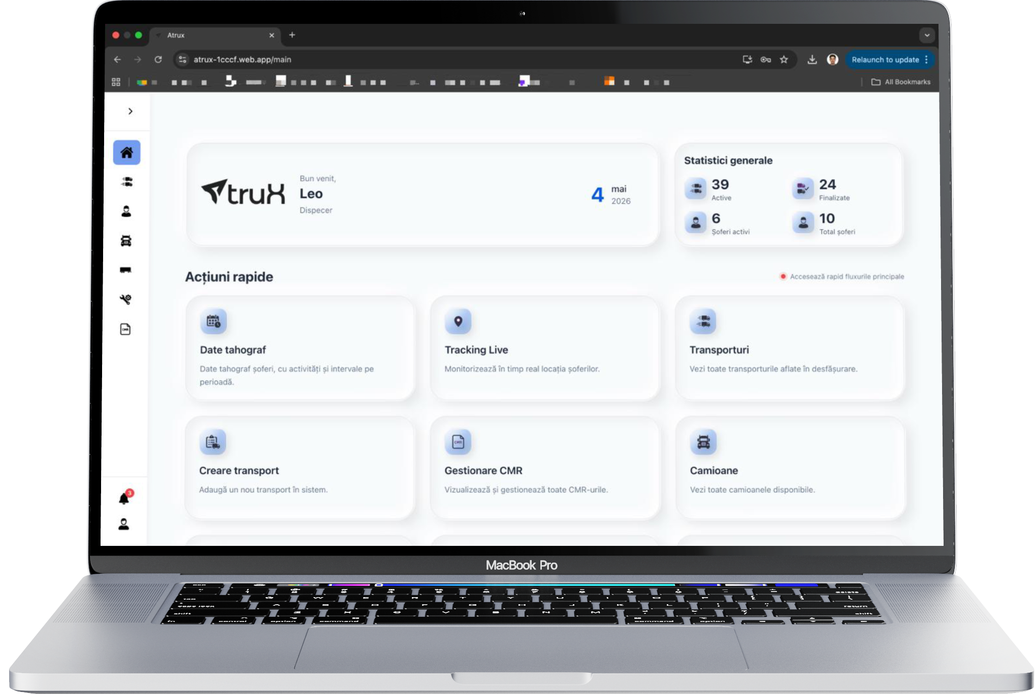 Interfața platformei software Atrux pentru dispecerat și management transport